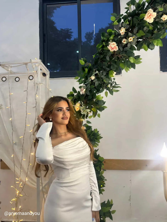 Alya Satin White Sleeve Evening Dress ARVERNA