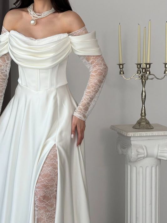 Royal White Evening with Lace Details Dress