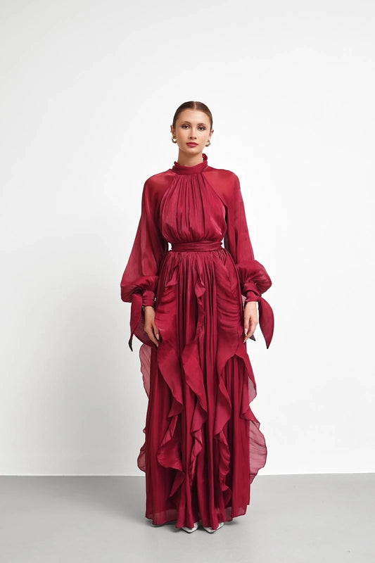 High Neck Ruffle Satin Chiffon Maxi Length Bordo Dress