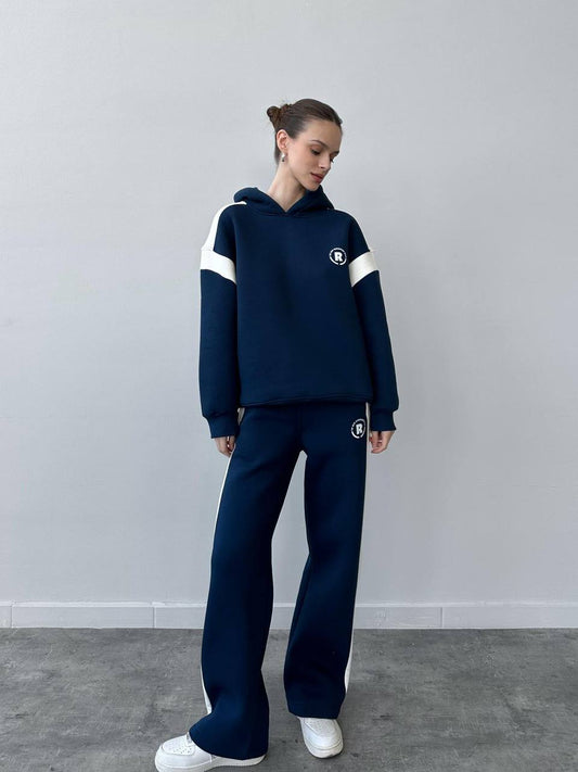 Custom Print Detail Striped Navy Blue Tracksuit