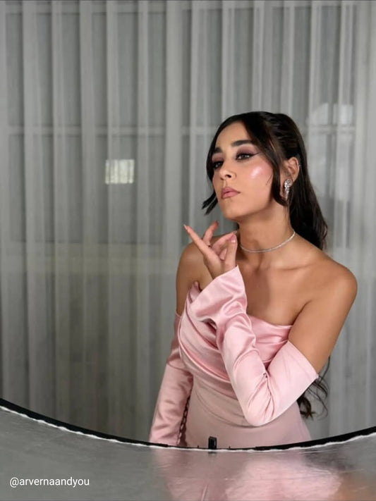 Alya Satin Powder Pink Sleeve Evening Dress ARVERNA