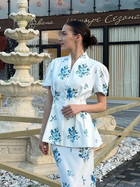 Reveal Blue Floral Patterned Scarf 3-Piece Suit