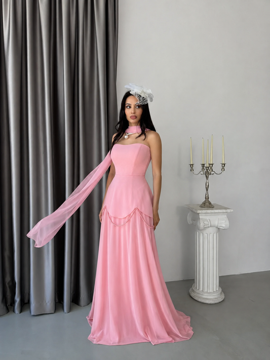 Bridgerton Shawl Pearl Embellished Pink Evening Dress