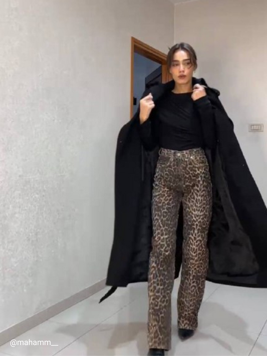 Madose Leopard Pattern Black Wide Leg Jeans