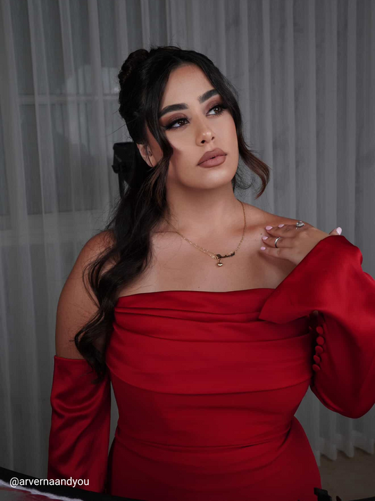 Alya Satin Red Sleeve Evening Dress ARVERNA