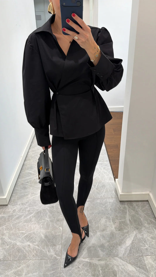 Black Wrapped Pleated Sleeve Detail Shirt