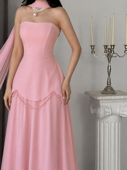 Bridgerton Shawl Pearl Embellished Pink Evening Dress