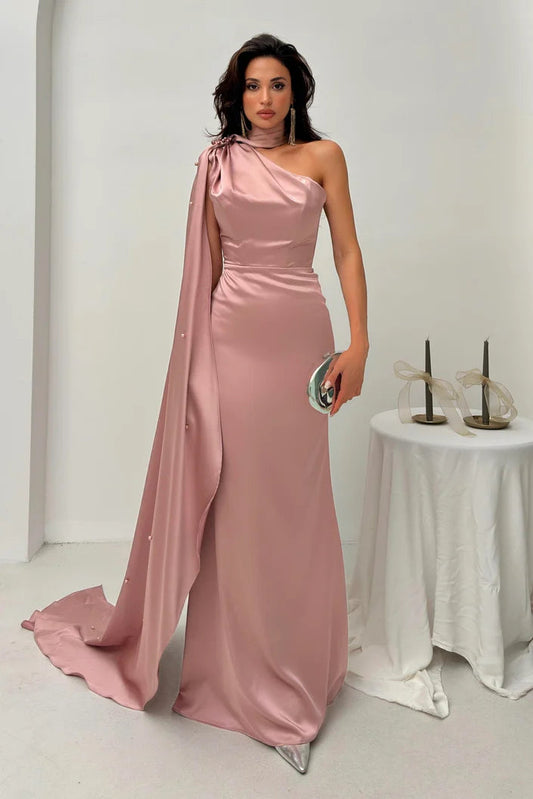Powder One-Shoulder Shawl Detailed Asymmetrical Satin Evening Dress ARVERNA