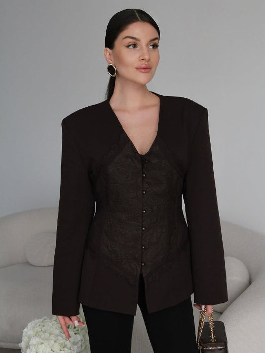Lace Detail and V-Neck Design Blazer