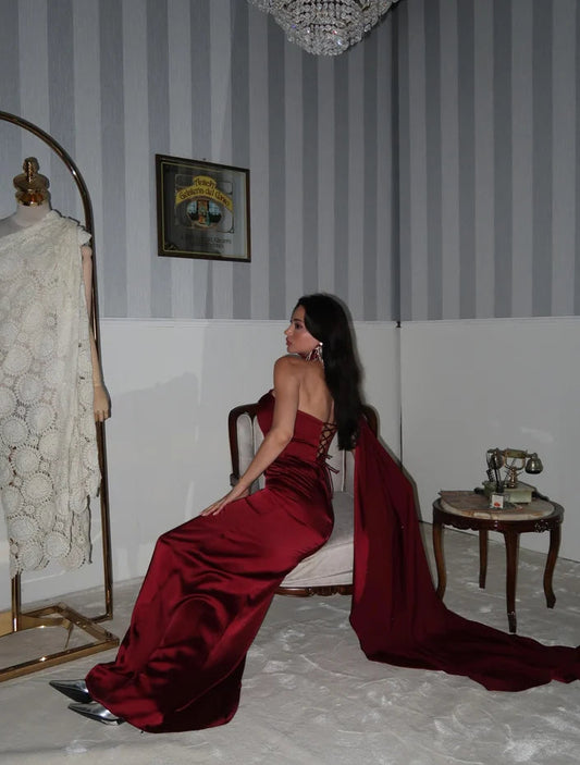 Burgundy One-Shoulder Shawl Detailed Asymmetrical Satin Evening Dress ARVERNA