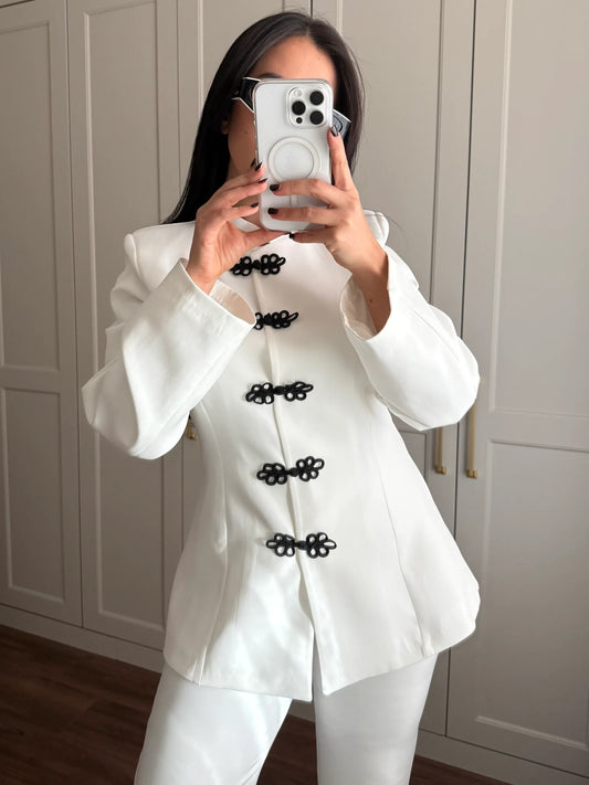 White Mandarin Collar Two-Piece Set