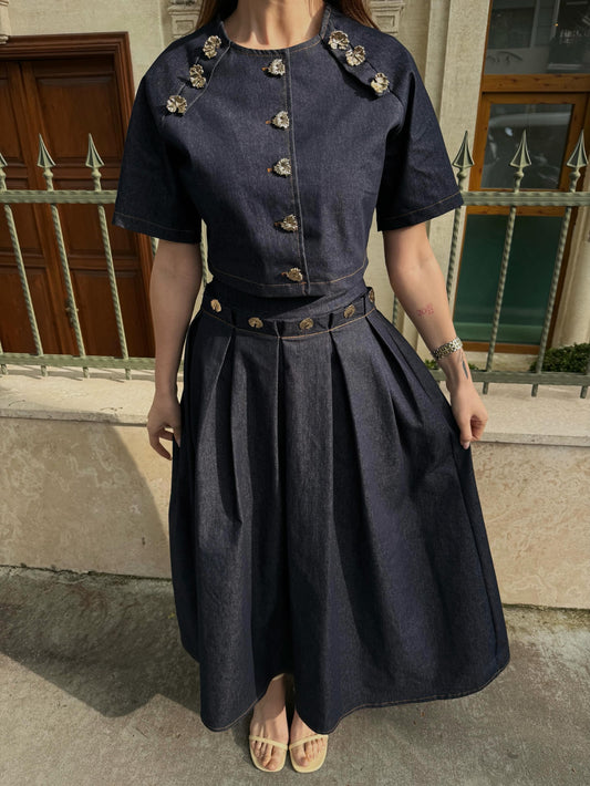 Gold Buttoned 3-Piece Designer Denim Set
