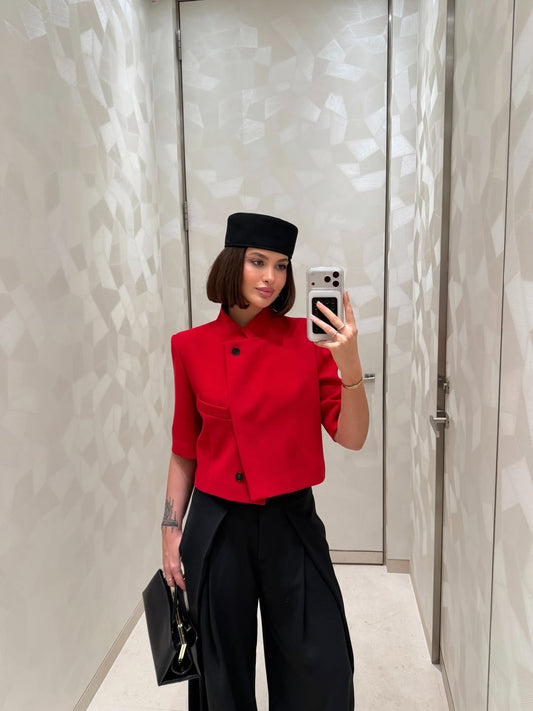 Red Short-Sleeved Crop Blazer Jacket