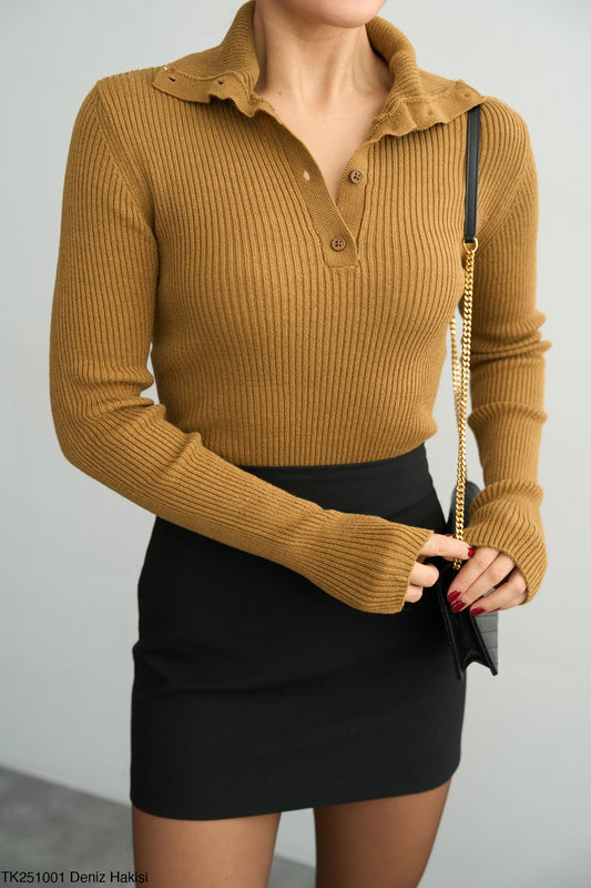 Knitted with buttons on the neck sweater