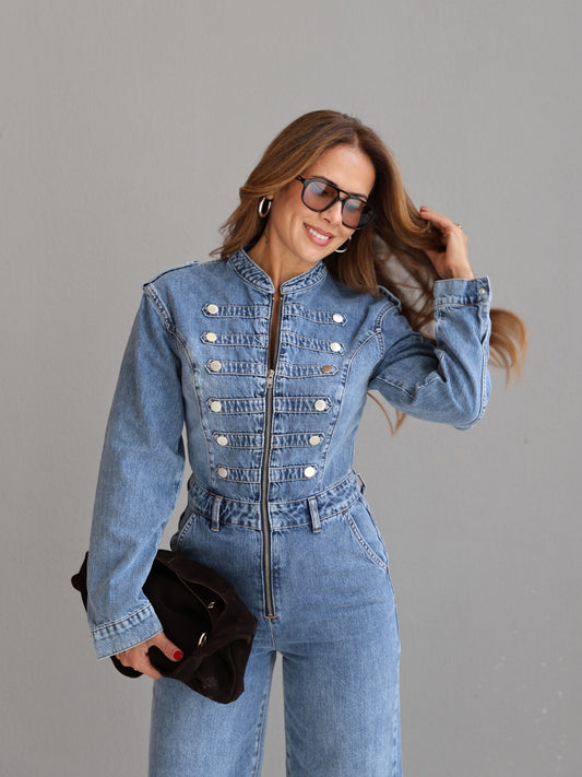 Elara Button-Detail Denim Jumpsuit