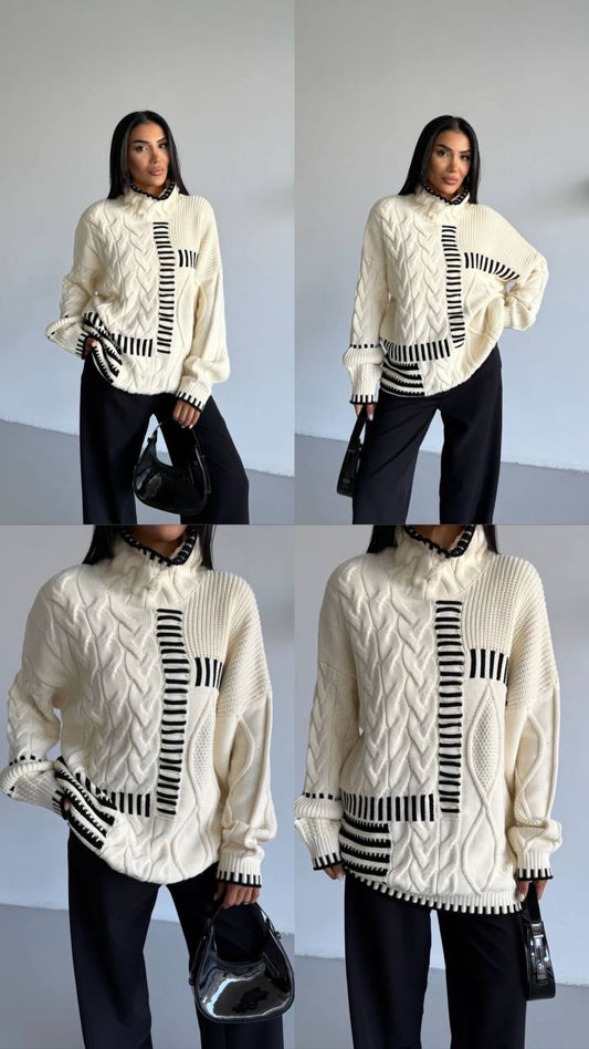 Crew Neck Long Sleeve Black Striped Sweater