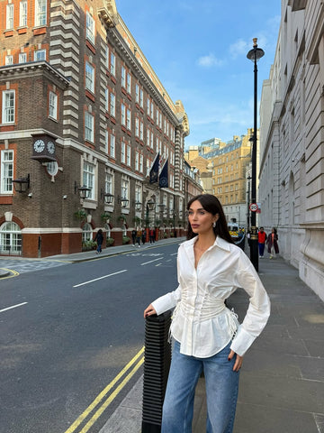 WHITE DESIGN WITH EYELET AND ROPE TIE SHIRT