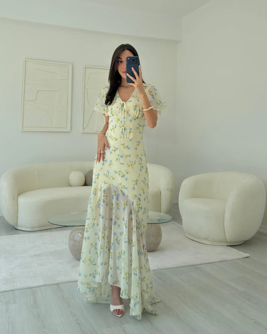 Casual Dresses Yellow Floral V Neck Mermaid Maxi Dress