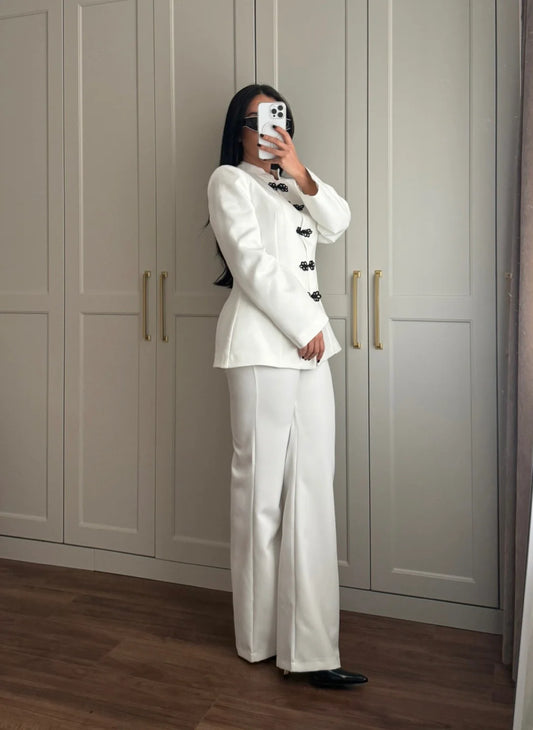 White Mandarin Collar Two-Piece Set