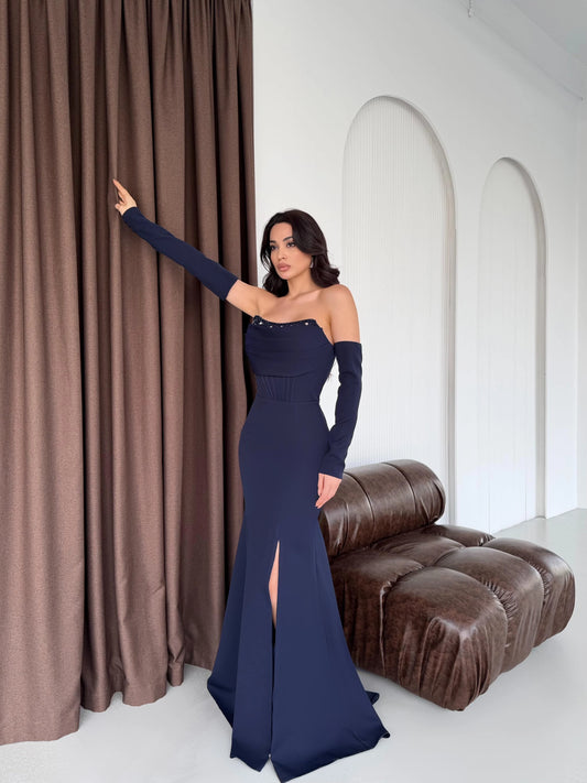 Lina's Embellished Evening in Navy Blue Dress