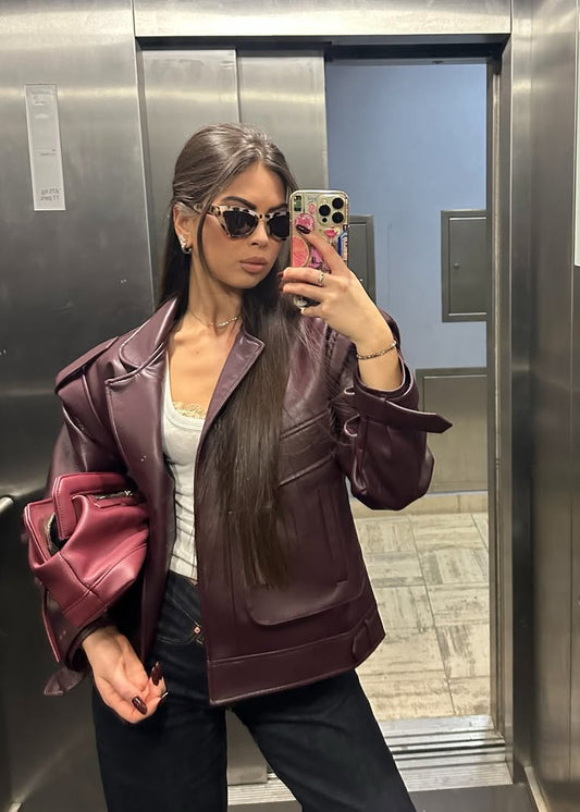 MAROON OVERSIZED PREMIUM LEATHER WITH LARGE POCKETS JACKET