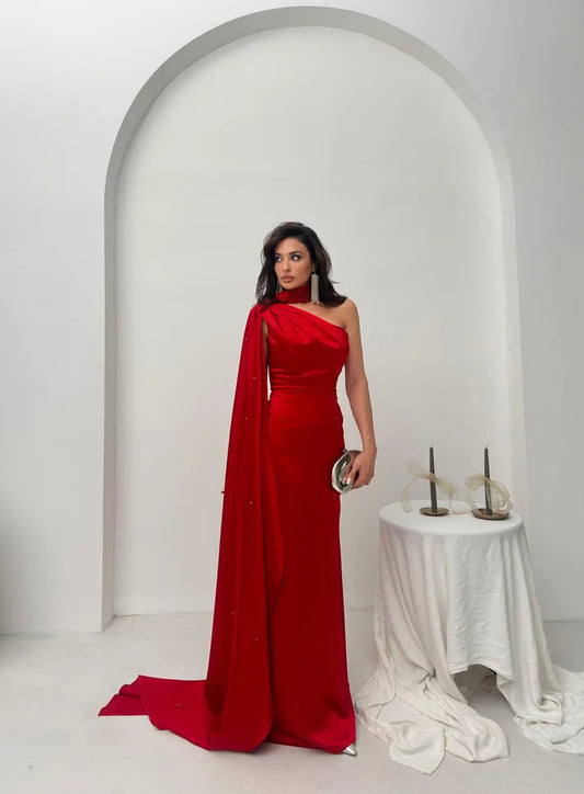 Red One-Shoulder Shawl Detailed Asymmetrical Satin Evening Dress ARVERNA