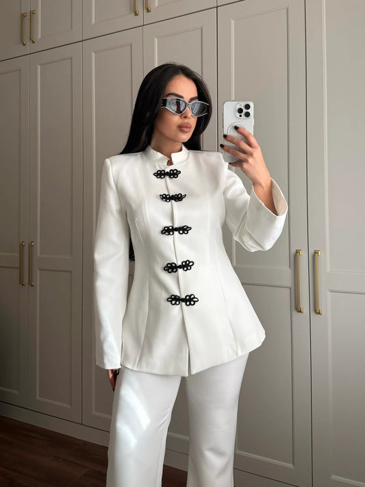 White Mandarin Collar Two-Piece Set