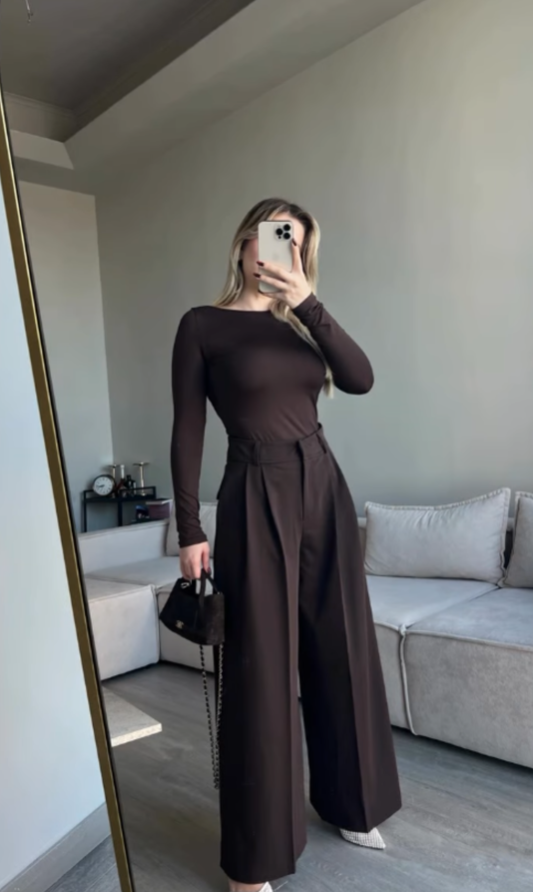 Brown Pleated Front Stripe Detailed Trousers