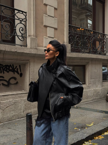 Black Stand Collar Faux Leather Jacket