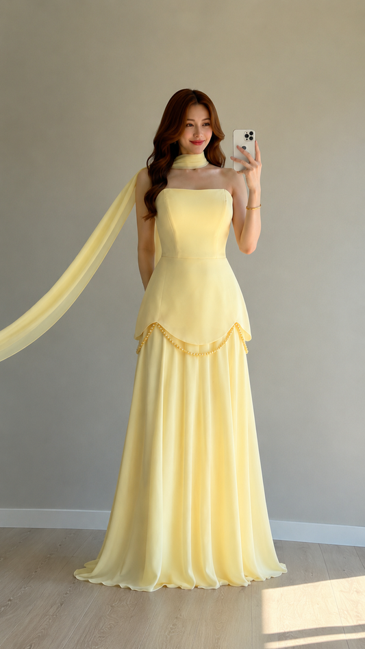 Bridgerton Shawl Pearl Embellished Yellow Evening Dress