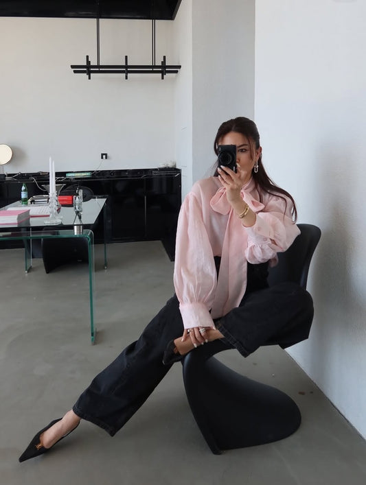Neckline Tie-Up Balloon Sleeve Blouse