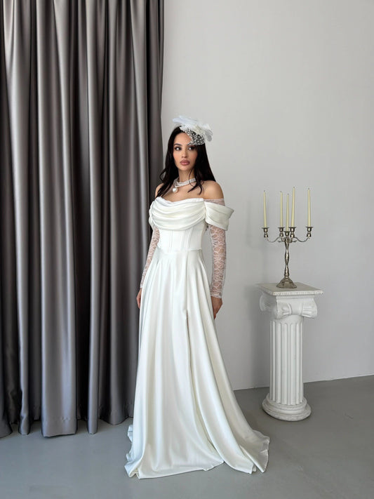Royal White Evening with Lace Details Dress