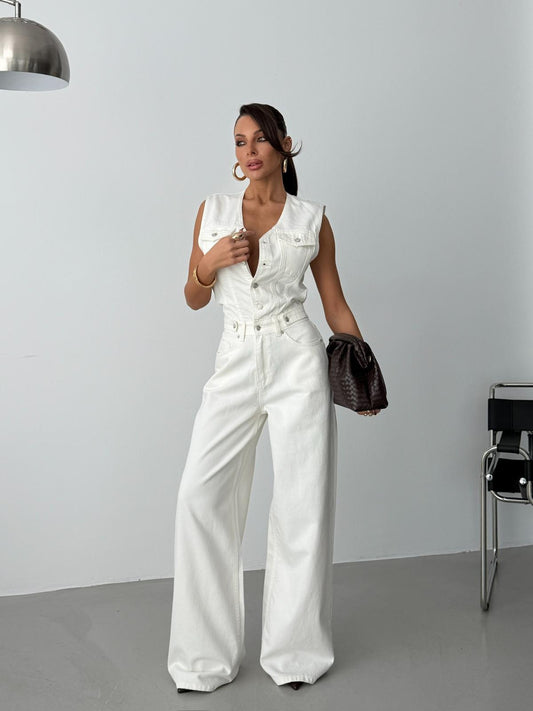Chic Sleeveless Denim Wide-Leg Jumpsuit