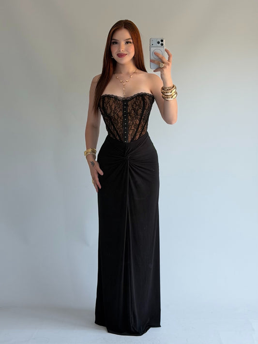 Mocha Lace Corset Maxi Dress