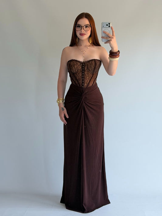 Mocha Lace Corset Maxi Dress