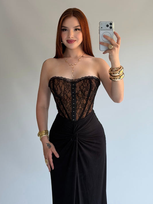 Mocha Lace Corset Maxi Dress