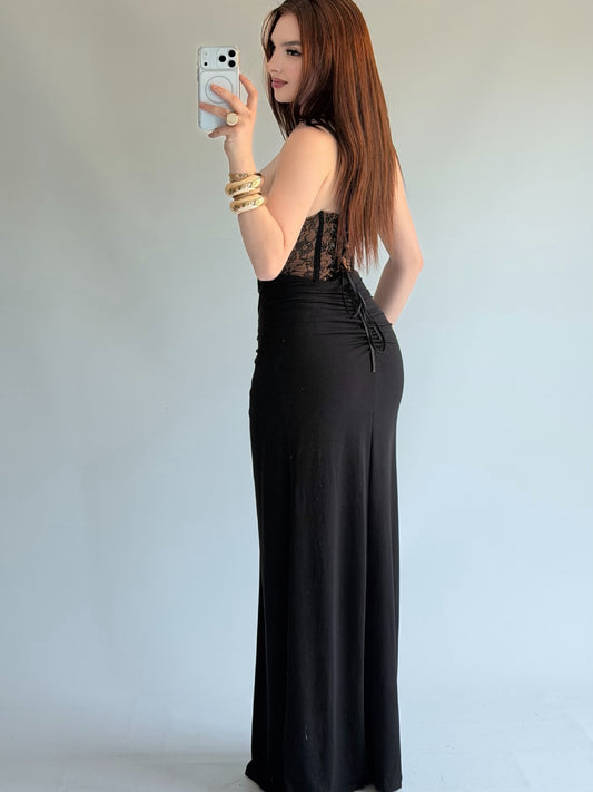 Mocha Lace Corset Maxi Dress