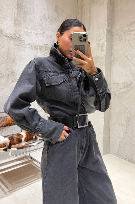 Avery Charcoal Denim Utility Jumpsuit