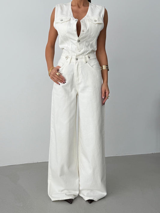 Chic Sleeveless Denim Wide-Leg Jumpsuit
