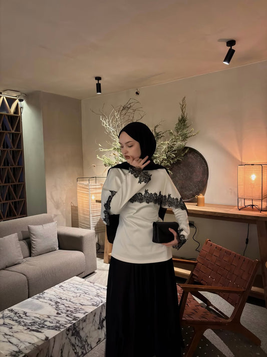 LACE EMBROIDERED CAPE SATIN BLOUSE