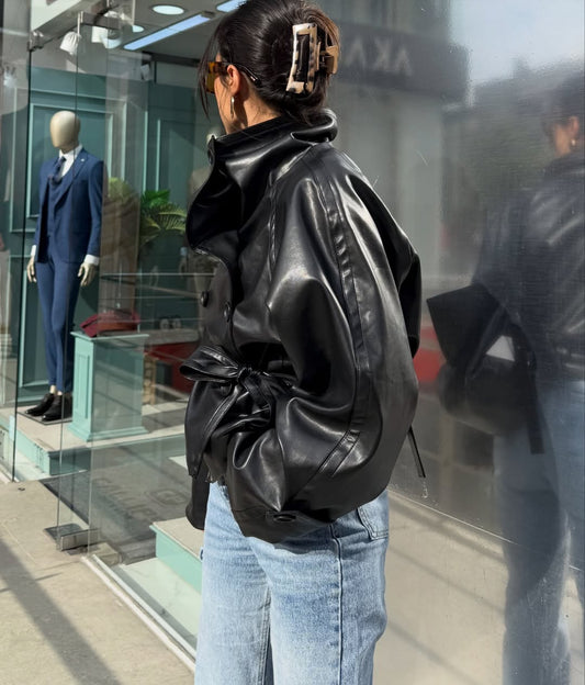 HIGH-COLLAR BELTED LEATHER JACKET