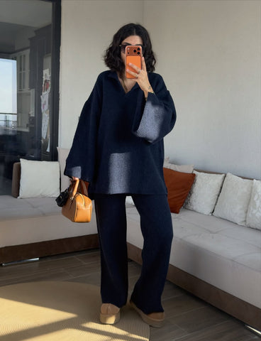 Premium V-Neck Ribbed Navy Blue Suit