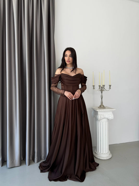 Royal Brown Evening with Lace Details Dress
