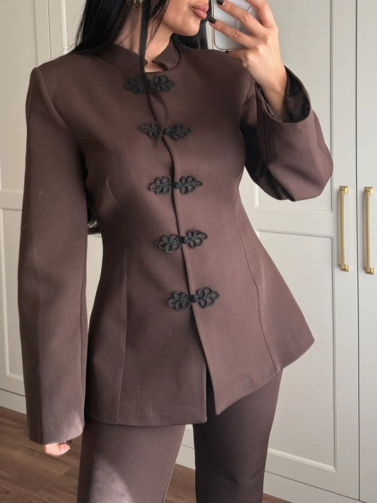 Brown Mandarin Collar Two-Piece Set