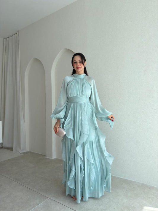 High Neck Ruffle Satin Chiffon Maxi Length Mint Dress