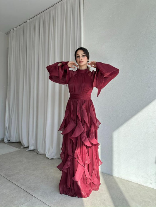 High Neck Ruffle Satin Chiffon Maxi Length Bordo Dress