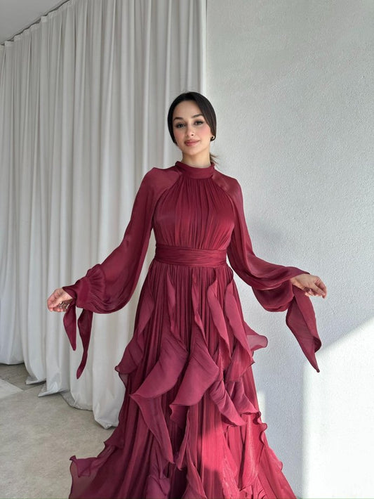 High Neck Ruffle Satin Chiffon Maxi Length Bordo Dress