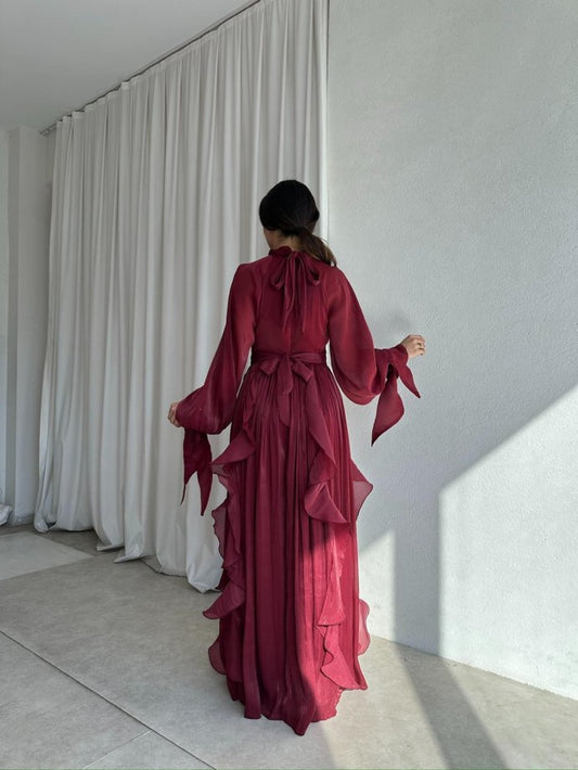 High Neck Ruffle Satin Chiffon Maxi Length Bordo Dress