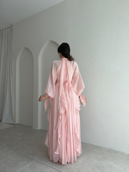 High Neck Ruffle Satin Chiffon Maxi Length Pink Dress