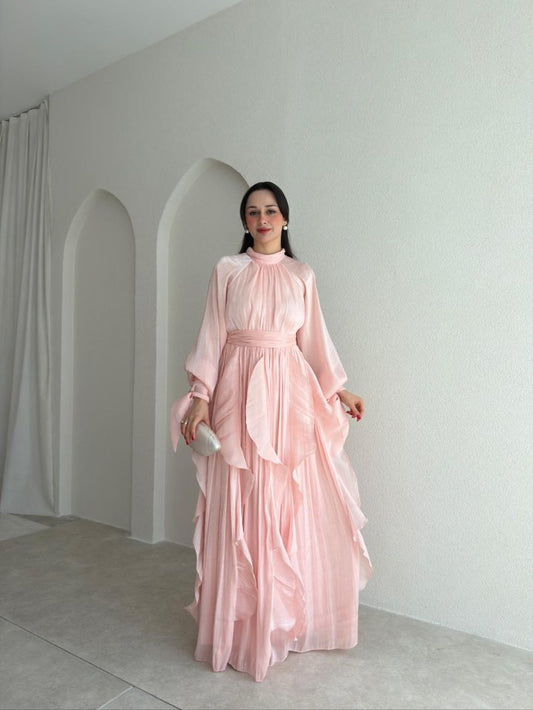 High Neck Ruffle Satin Chiffon Maxi Length Pink Dress
